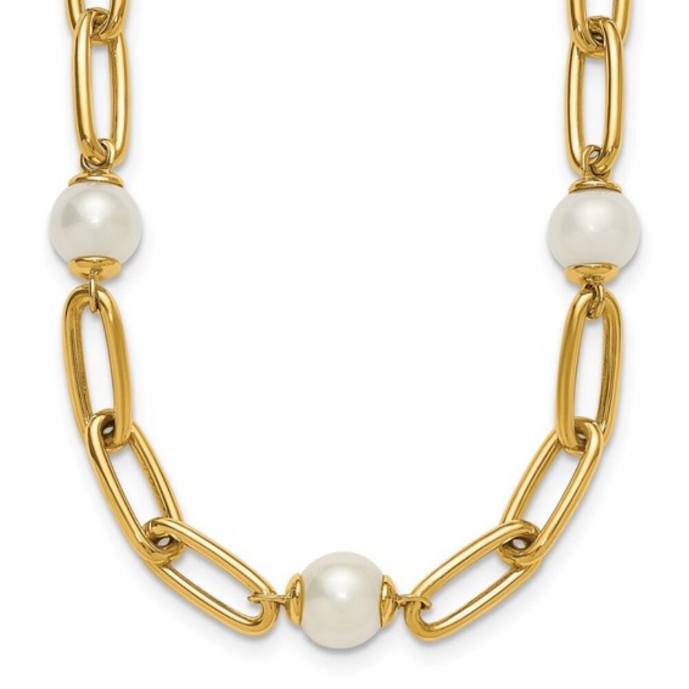 Herco 14k Yellow Gold FWC Pearl Paperclip Link Luxury Necklace, 18 inch